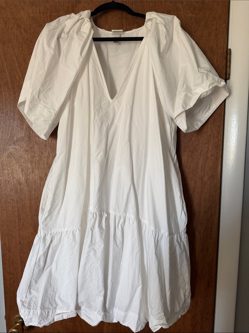 White V-Neck Puff Sleeve Tiered Women's Dress